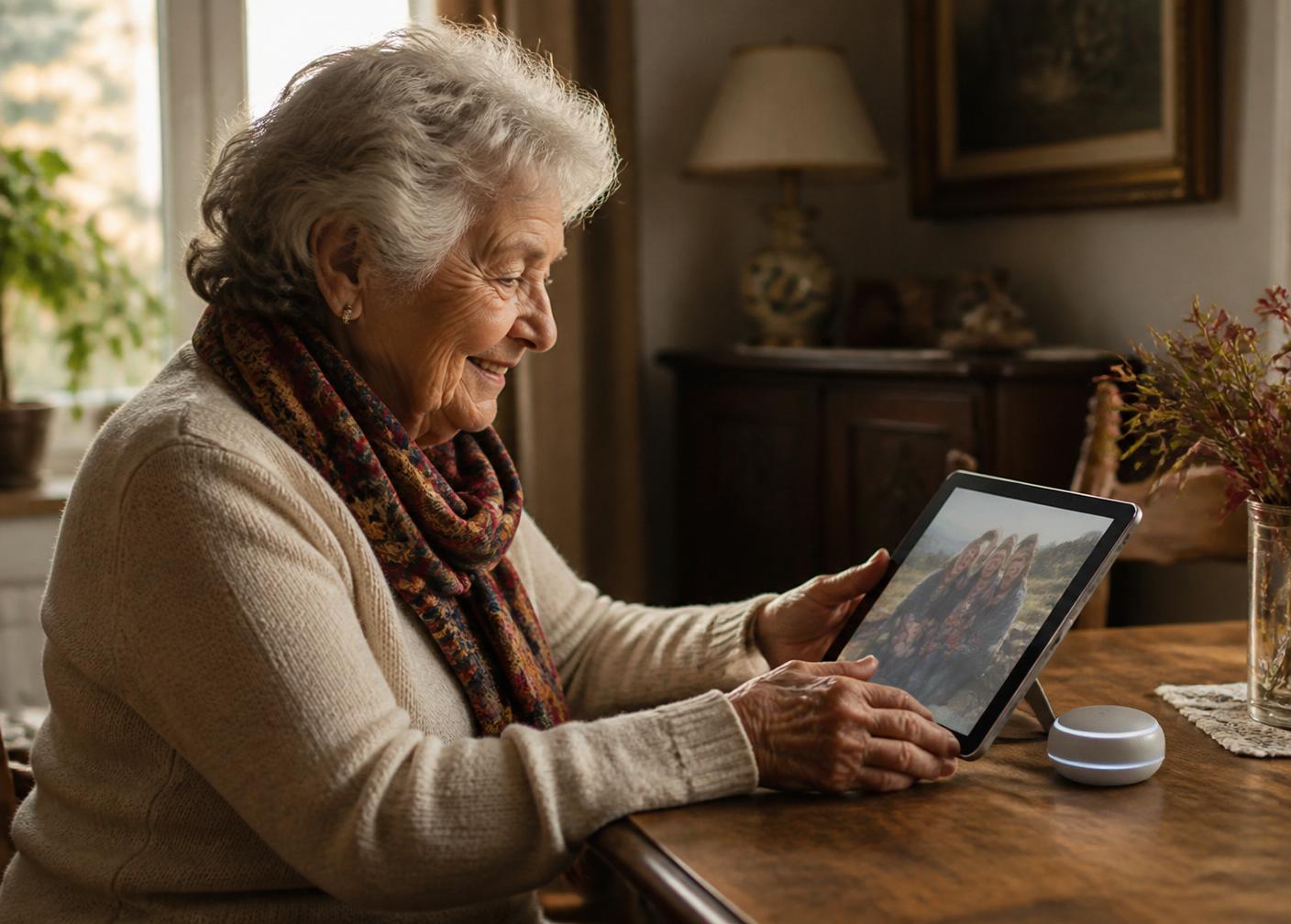 A smiling older woman sits at home and looks at a tablet showing a family photograph; a small glowing device on the table suggests a calm voice telling the story behind it.
