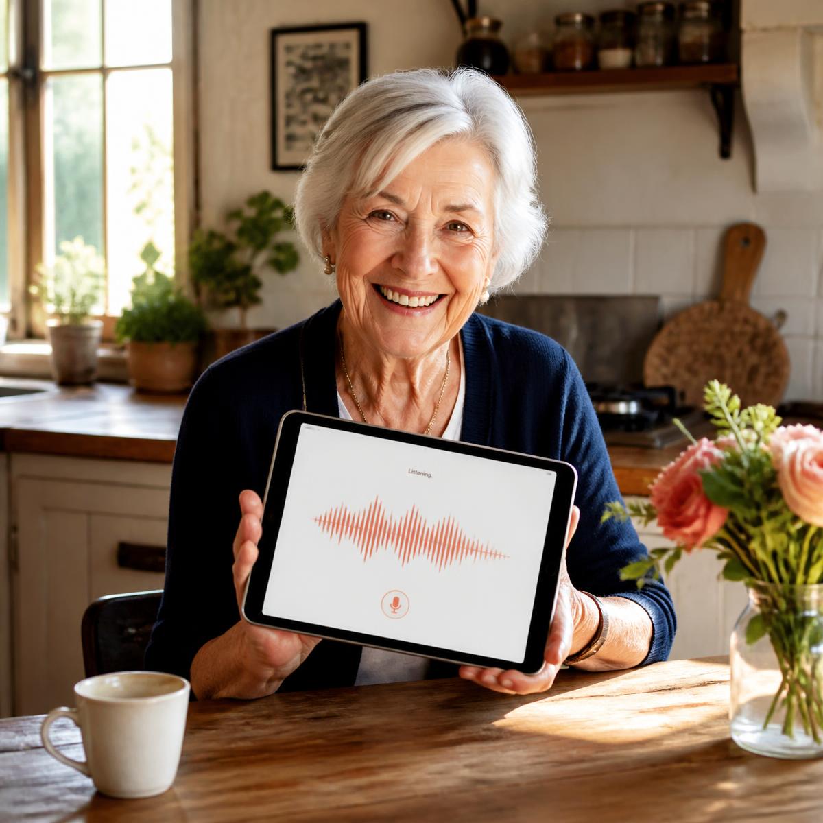 An older woman smiles warmly while showing a tablet with a gentle coral voice-wave.