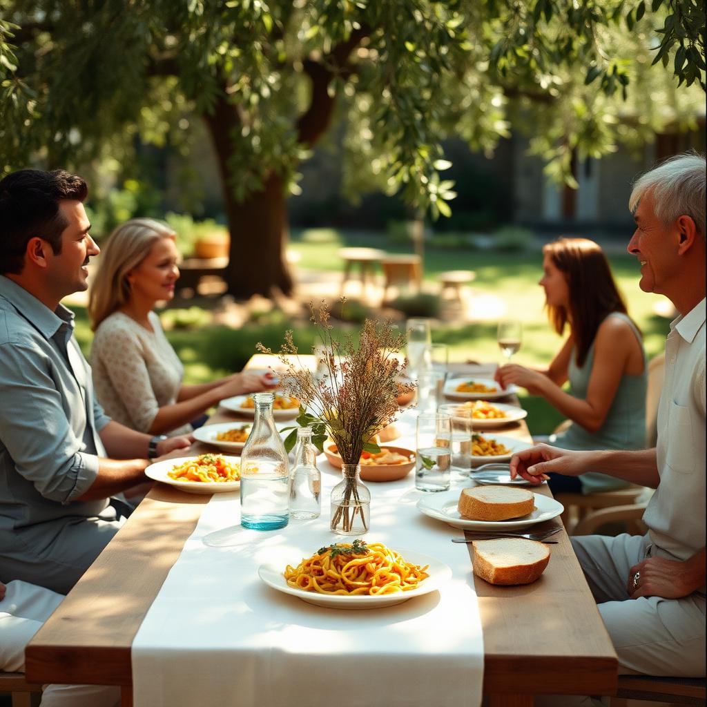A Sunday family lunch set outdoors under an olive tree, with pasta, fresh bread and wildflowers on a linen tablecloth.